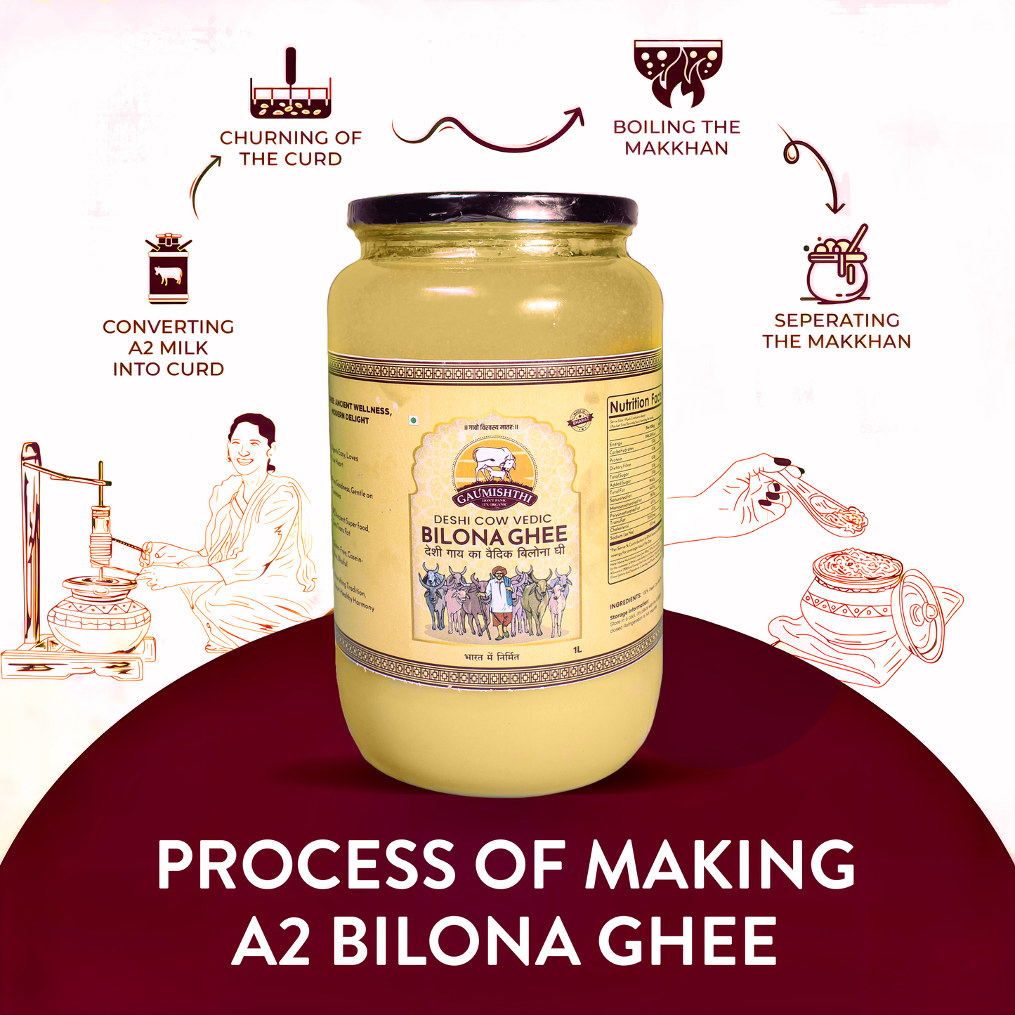Gaumishthi Deshi A2 Cow Ghee 1 litre | Traditionally Vaidik Bilona Curd Churned | 100% Pure & Healthy | Glass Jar